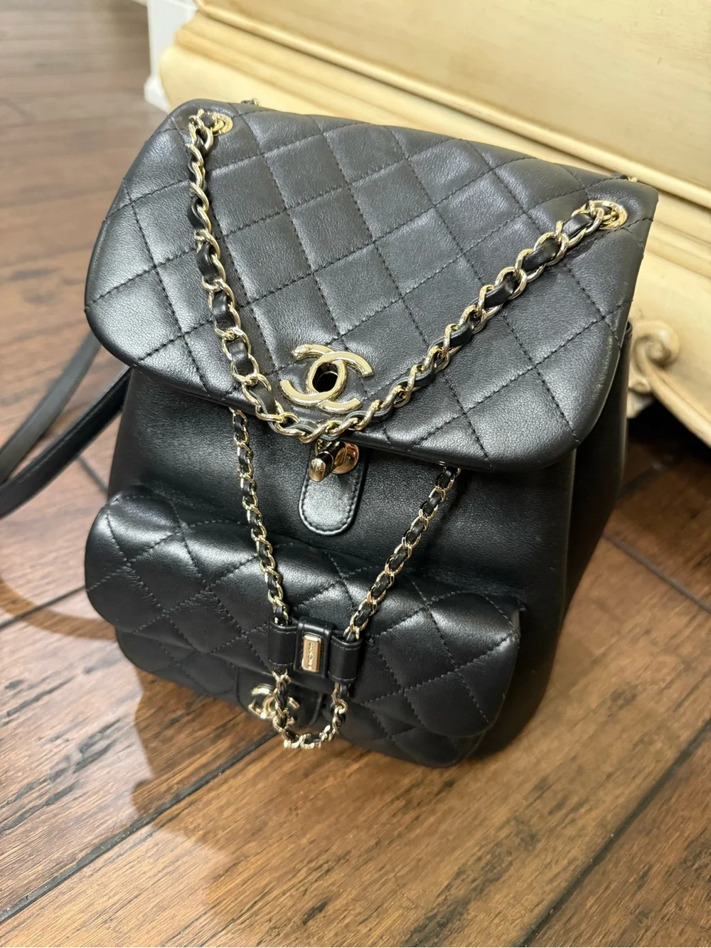Black Quilted Leather Backpack in with Gold hardware